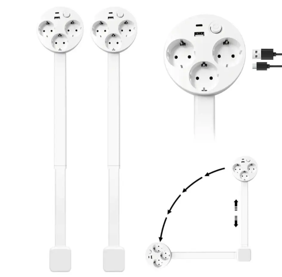 ⚡ Extensor de Enchufe con USB-A, USB-C y 3 Tomas CA – Giratorio 180°, Extensible y Compacto